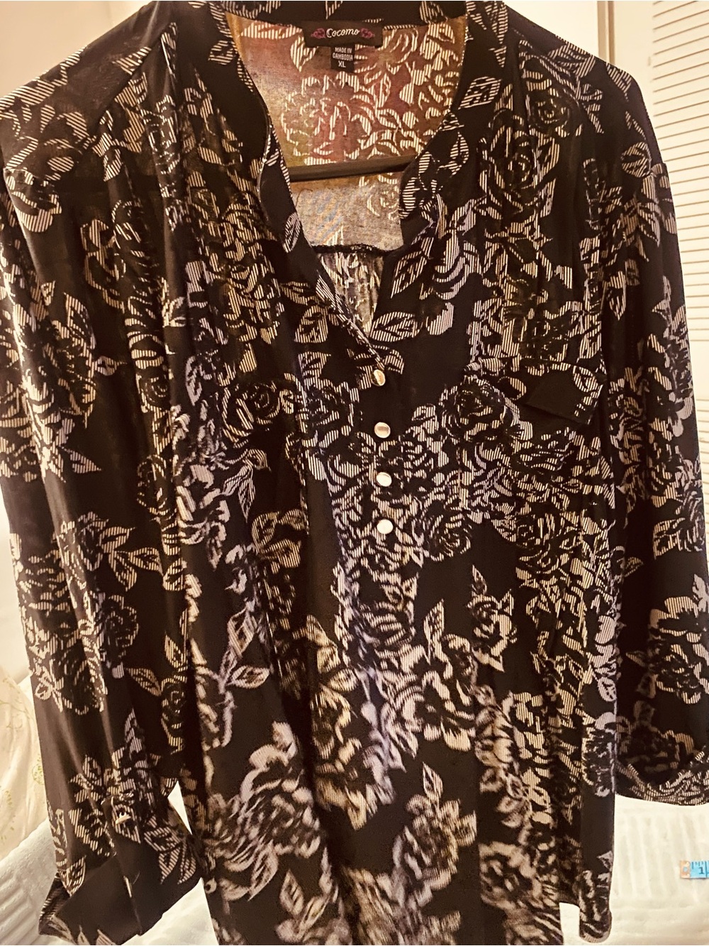 Cocomo Black and White Floral Henley Blouse